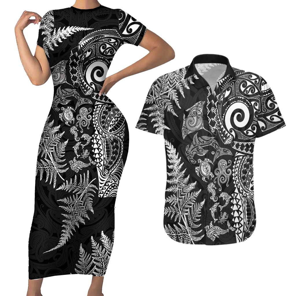 New Zealand Sea Animals Couples Matching Short Sleeve Bodycon Dress and Hawaiian Shirt with Maori Koru Tribal Tattoo and Silver Ferns Black Color