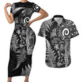 New Zealand Sea Animals Couples Matching Short Sleeve Bodycon Dress and Hawaiian Shirt with Maori Koru Tribal Tattoo and Silver Ferns Black Color