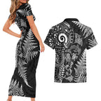 New Zealand Sea Animals Couples Matching Short Sleeve Bodycon Dress and Hawaiian Shirt with Maori Koru Tribal Tattoo and Silver Ferns Black Color