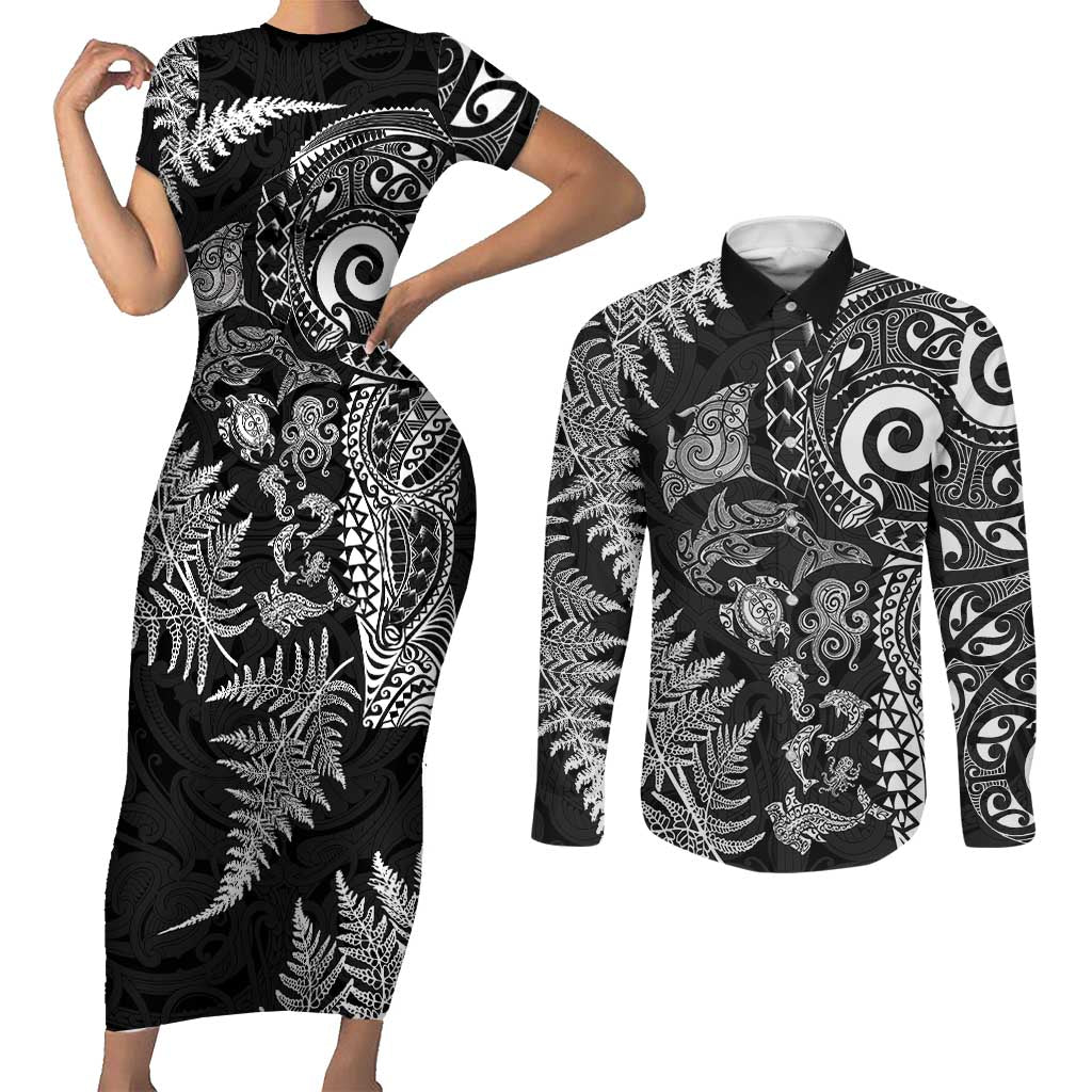 New Zealand Sea Animals Couples Matching Short Sleeve Bodycon Dress and Long Sleeve Button Shirt with Maori Koru Tribal Tattoo and Silver Ferns Black Color