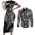 New Zealand Sea Animals Couples Matching Short Sleeve Bodycon Dress and Long Sleeve Button Shirt with Maori Koru Tribal Tattoo and Silver Ferns Black Color