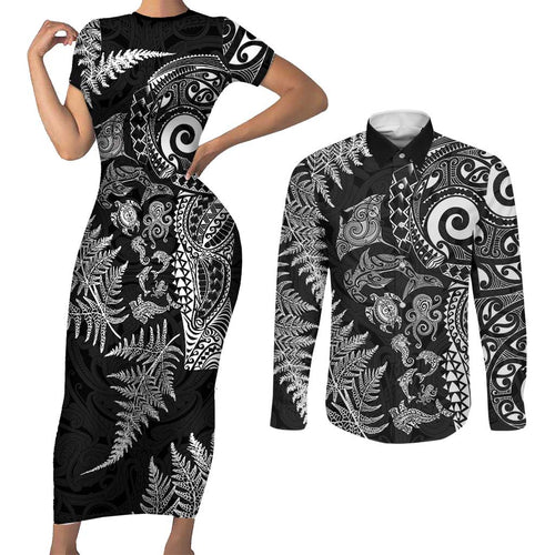 New Zealand Sea Animals Couples Matching Short Sleeve Bodycon Dress and Long Sleeve Button Shirt with Maori Koru Tribal Tattoo and Silver Ferns Black Color