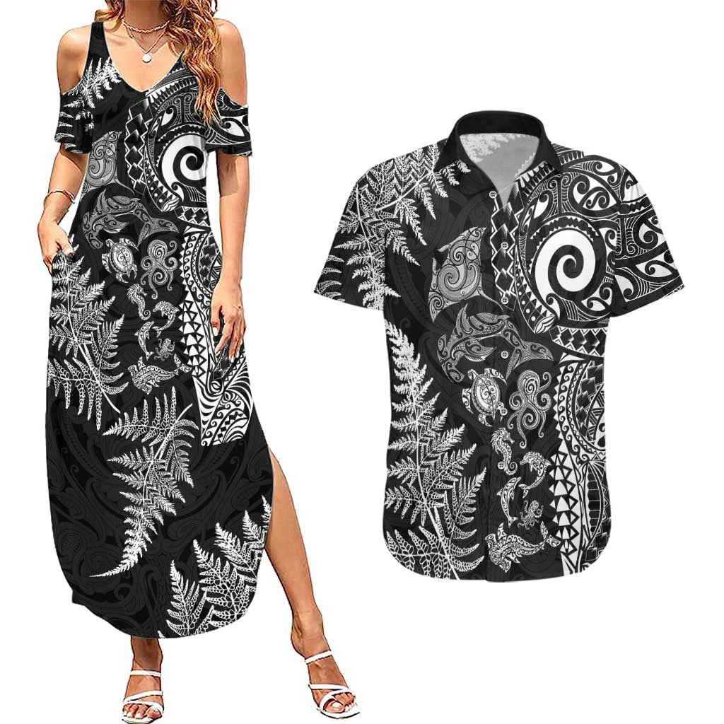 New Zealand Sea Animals Couples Matching Summer Maxi Dress and Hawaiian Shirt with Maori Koru Tribal Tattoo and Silver Ferns Black Color