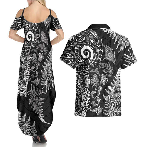 New Zealand Sea Animals Couples Matching Summer Maxi Dress and Hawaiian Shirt with Maori Koru Tribal Tattoo and Silver Ferns Black Color