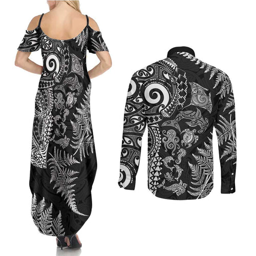 New Zealand Sea Animals Couples Matching Summer Maxi Dress and Long Sleeve Button Shirt with Maori Koru Tribal Tattoo and Silver Ferns Black Color