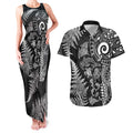 New Zealand Sea Animals Couples Matching Tank Maxi Dress and Hawaiian Shirt with Maori Koru Tribal Tattoo and Silver Ferns Black Color