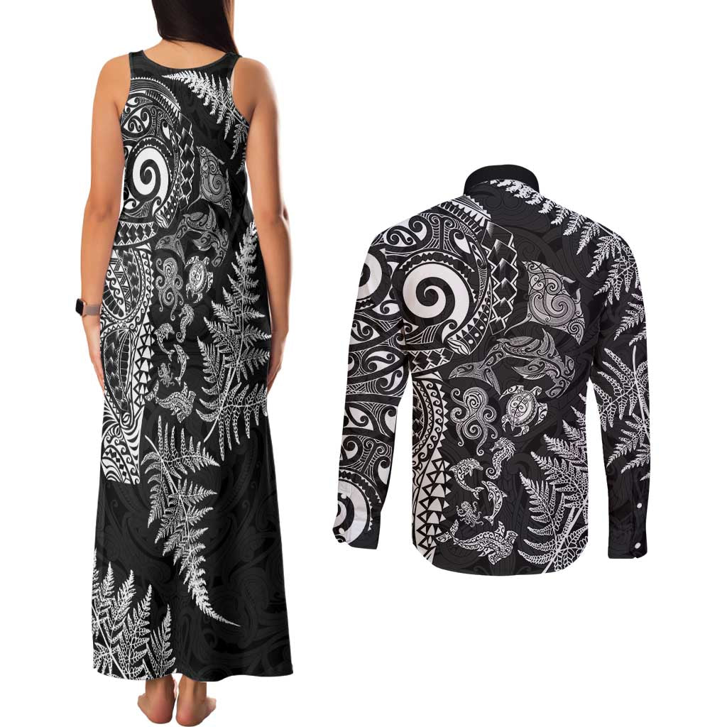 New Zealand Sea Animals Couples Matching Tank Maxi Dress and Long Sleeve Button Shirt with Maori Koru Tribal Tattoo and Silver Ferns Black Color