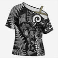 New Zealand Sea Animals Cross Shoulder Shirt with Maori Koru Tribal Tattoo and Silver Ferns Black Color