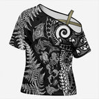 New Zealand Sea Animals Cross Shoulder Shirt with Maori Koru Tribal Tattoo and Silver Ferns Black Color