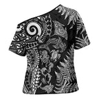 New Zealand Sea Animals Cross Shoulder Shirt with Maori Koru Tribal Tattoo and Silver Ferns Black Color