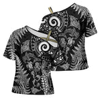 New Zealand Sea Animals Cross Shoulder Shirt with Maori Koru Tribal Tattoo and Silver Ferns Black Color