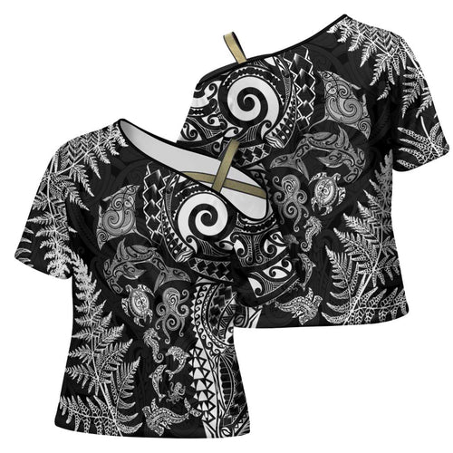 New Zealand Sea Animals Cross Shoulder Shirt with Maori Koru Tribal Tattoo and Silver Ferns Black Color