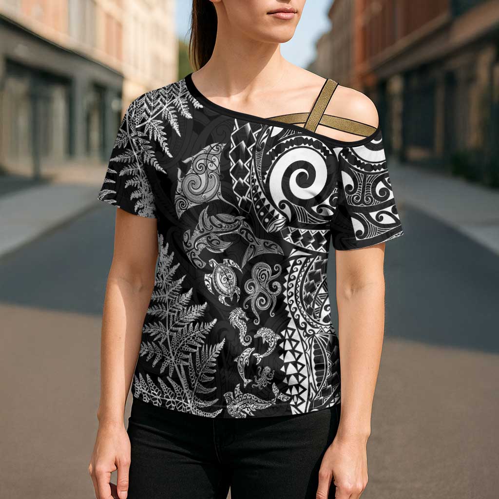 New Zealand Sea Animals Cross Shoulder Shirt with Maori Koru Tribal Tattoo and Silver Ferns Black Color
