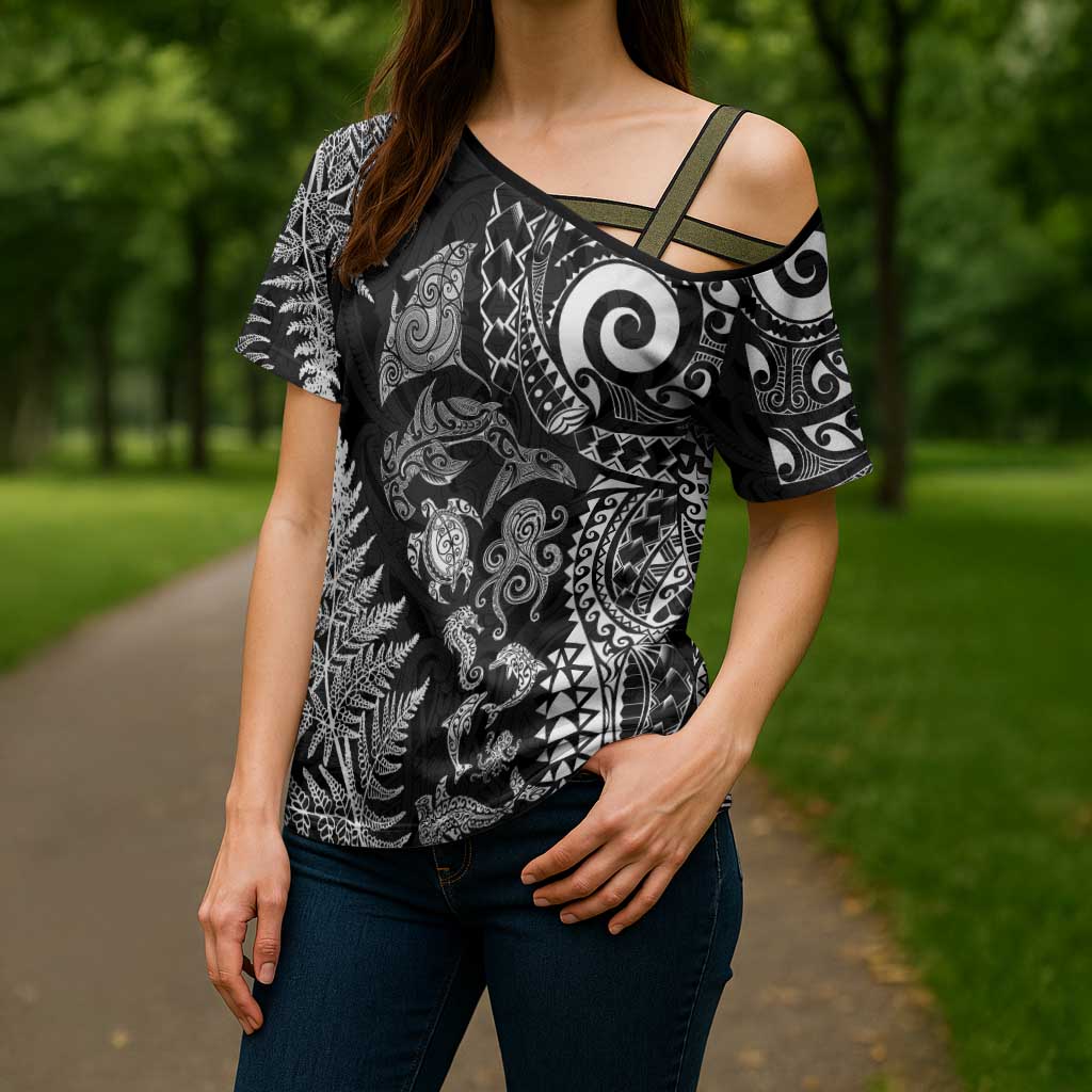 New Zealand Sea Animals Cross Shoulder Shirt with Maori Koru Tribal Tattoo and Silver Ferns Black Color
