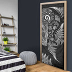 New Zealand Sea Animals Door Cover with Maori Koru Tribal Tattoo and Silver Ferns Black Color
