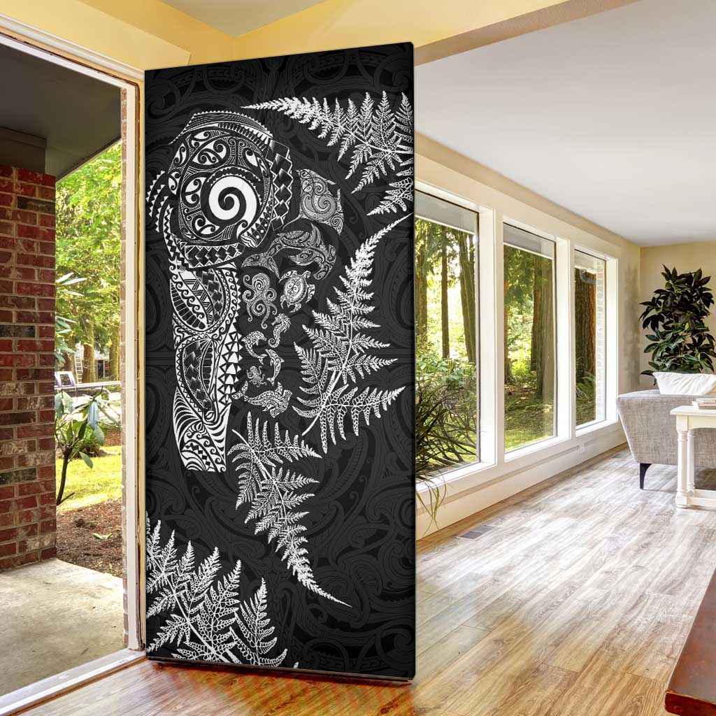 New Zealand Sea Animals Door Cover with Maori Koru Tribal Tattoo and Silver Ferns Black Color
