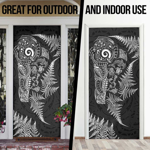 New Zealand Sea Animals Door Cover with Maori Koru Tribal Tattoo and Silver Ferns Black Color