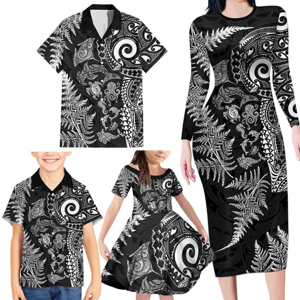 New Zealand Sea Animals Family Matching Long Sleeve Bodycon Dress and Hawaiian Shirt with Maori Koru Tribal Tattoo and Silver Ferns Black Color