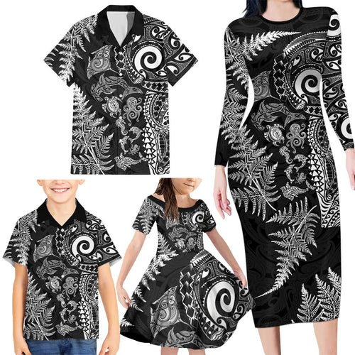 New Zealand Sea Animals Family Matching Long Sleeve Bodycon Dress and Hawaiian Shirt with Maori Koru Tribal Tattoo and Silver Ferns Black Color