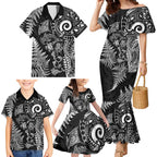 New Zealand Sea Animals Family Matching Mermaid Dress and Hawaiian Shirt with Maori Koru Tribal Tattoo and Silver Ferns Black Color