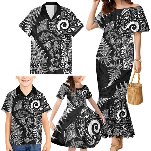 New Zealand Sea Animals Family Matching Mermaid Dress and Hawaiian Shirt with Maori Koru Tribal Tattoo and Silver Ferns Black Color