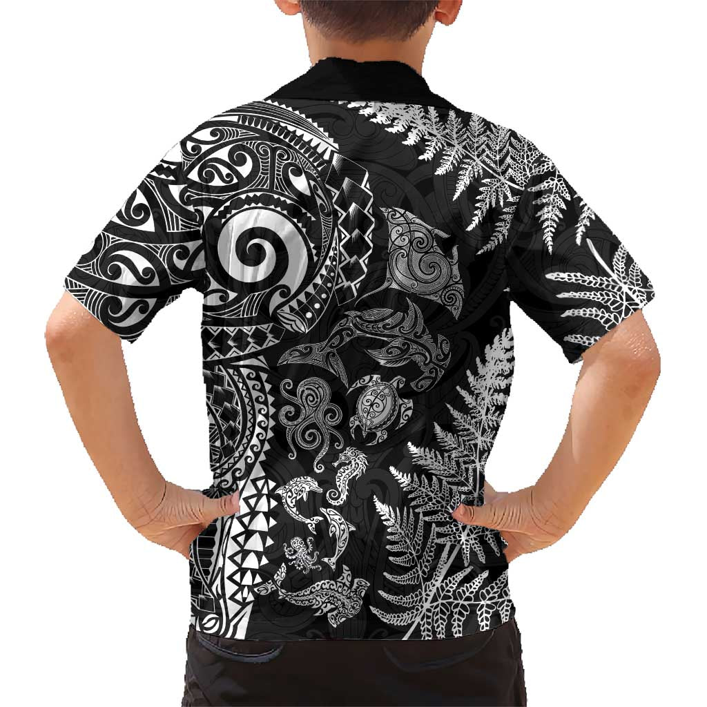 New Zealand Sea Animals Family Matching Mermaid Dress and Hawaiian Shirt with Maori Koru Tribal Tattoo and Silver Ferns Black Color