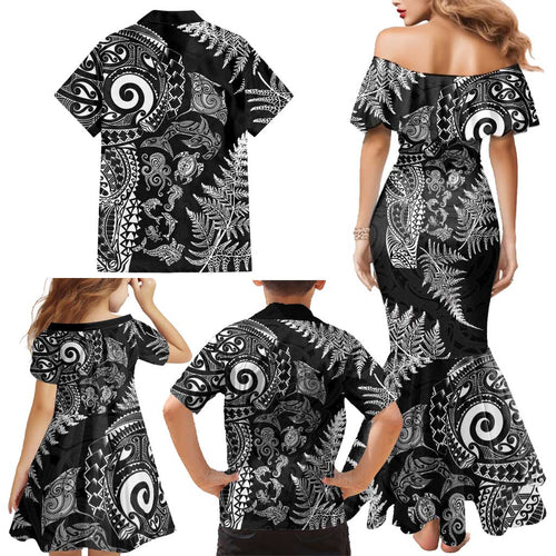 New Zealand Sea Animals Family Matching Mermaid Dress and Hawaiian Shirt with Maori Koru Tribal Tattoo and Silver Ferns Black Color