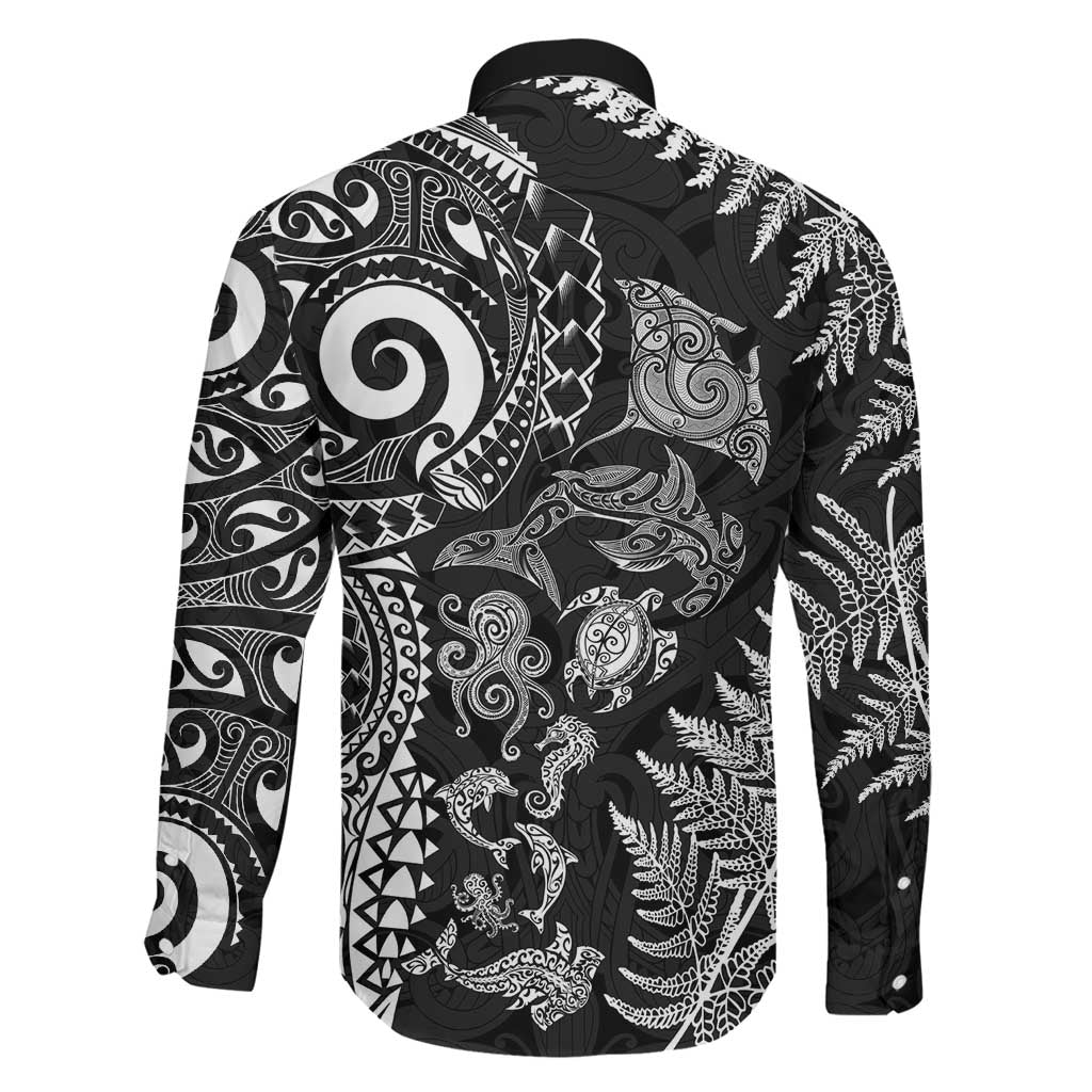 New Zealand Sea Animals Family Matching Mermaid Dress and Hawaiian Shirt with Maori Koru Tribal Tattoo and Silver Ferns Black Color
