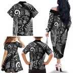 New Zealand Sea Animals Family Matching Off The Shoulder Long Sleeve Dress and Hawaiian Shirt with Maori Koru Tribal Tattoo and Silver Ferns Black Color