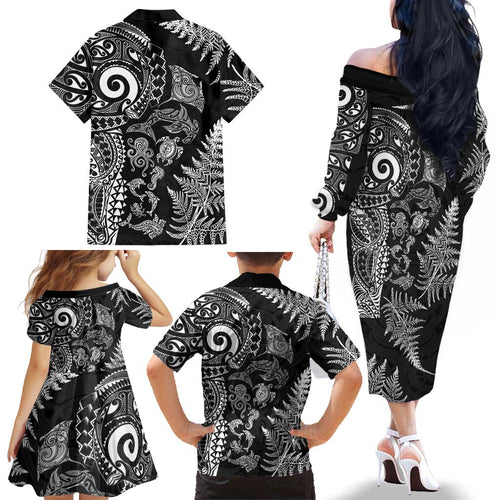 New Zealand Sea Animals Family Matching Off The Shoulder Long Sleeve Dress and Hawaiian Shirt with Maori Koru Tribal Tattoo and Silver Ferns Black Color