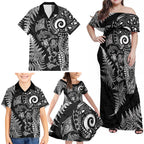 New Zealand Sea Animals Family Matching Off Shoulder Maxi Dress and Hawaiian Shirt with Maori Koru Tribal Tattoo and Silver Ferns Black Color