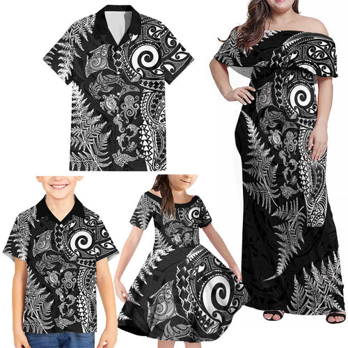 New Zealand Sea Animals Family Matching Off Shoulder Maxi Dress and Hawaiian Shirt with Maori Koru Tribal Tattoo and Silver Ferns Black Color