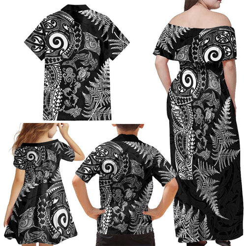 New Zealand Sea Animals Family Matching Off Shoulder Maxi Dress and Hawaiian Shirt with Maori Koru Tribal Tattoo and Silver Ferns Black Color
