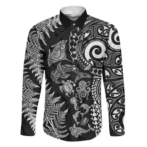 New Zealand Sea Animals Family Matching Off Shoulder Maxi Dress and Hawaiian Shirt with Maori Koru Tribal Tattoo and Silver Ferns Black Color