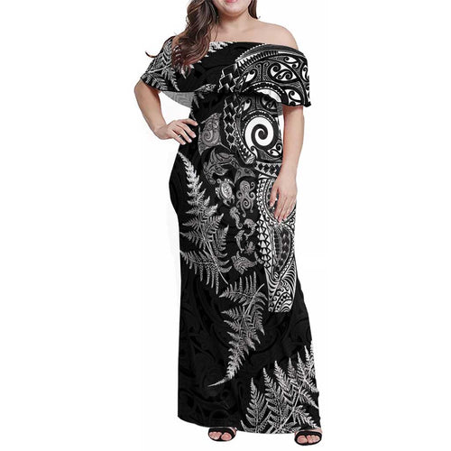 New Zealand Sea Animals Family Matching Off Shoulder Maxi Dress and Hawaiian Shirt with Maori Koru Tribal Tattoo and Silver Ferns Black Color