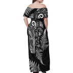 New Zealand Sea Animals Family Matching Off Shoulder Maxi Dress and Hawaiian Shirt with Maori Koru Tribal Tattoo and Silver Ferns Black Color
