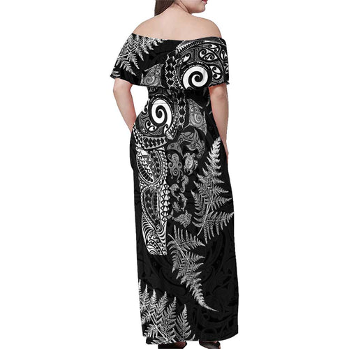 New Zealand Sea Animals Family Matching Off Shoulder Maxi Dress and Hawaiian Shirt with Maori Koru Tribal Tattoo and Silver Ferns Black Color