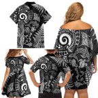 New Zealand Sea Animals Family Matching Off Shoulder Short Dress and Hawaiian Shirt with Maori Koru Tribal Tattoo and Silver Ferns Black Color