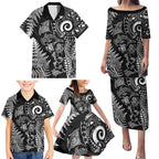 New Zealand Sea Animals Family Matching Puletasi and Hawaiian Shirt with Maori Koru Tribal Tattoo and Silver Ferns Black Color