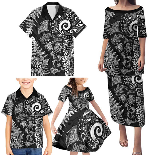 New Zealand Sea Animals Family Matching Puletasi and Hawaiian Shirt with Maori Koru Tribal Tattoo and Silver Ferns Black Color