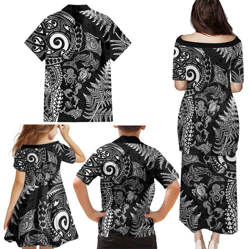 New Zealand Sea Animals Family Matching Puletasi and Hawaiian Shirt with Maori Koru Tribal Tattoo and Silver Ferns Black Color