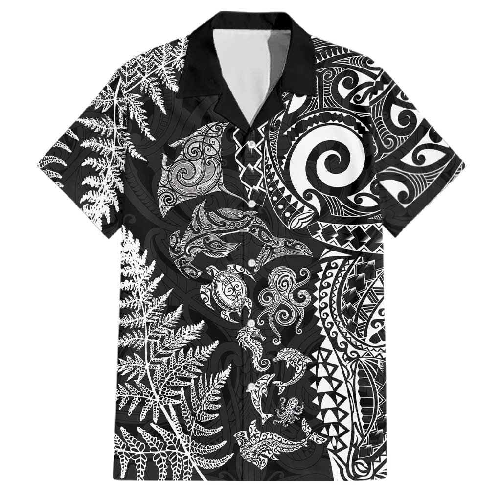 New Zealand Sea Animals Family Matching Puletasi and Hawaiian Shirt with Maori Koru Tribal Tattoo and Silver Ferns Black Color