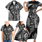 New Zealand Sea Animals Family Matching Short Sleeve Bodycon Dress and Hawaiian Shirt with Maori Koru Tribal Tattoo and Silver Ferns Black Color
