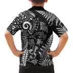 New Zealand Sea Animals Family Matching Short Sleeve Bodycon Dress and Hawaiian Shirt with Maori Koru Tribal Tattoo and Silver Ferns Black Color