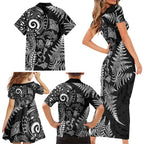 New Zealand Sea Animals Family Matching Short Sleeve Bodycon Dress and Hawaiian Shirt with Maori Koru Tribal Tattoo and Silver Ferns Black Color