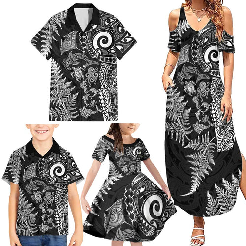New Zealand Sea Animals Family Matching Summer Maxi Dress and Hawaiian Shirt with Maori Koru Tribal Tattoo and Silver Ferns Black Color