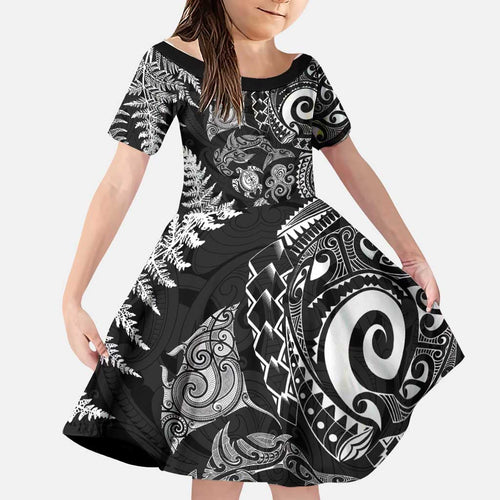 New Zealand Sea Animals Family Matching Summer Maxi Dress and Hawaiian Shirt with Maori Koru Tribal Tattoo and Silver Ferns Black Color