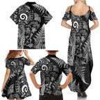 New Zealand Sea Animals Family Matching Summer Maxi Dress and Hawaiian Shirt with Maori Koru Tribal Tattoo and Silver Ferns Black Color