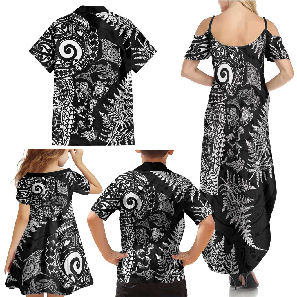 New Zealand Sea Animals Family Matching Summer Maxi Dress and Hawaiian Shirt with Maori Koru Tribal Tattoo and Silver Ferns Black Color