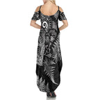 New Zealand Sea Animals Family Matching Summer Maxi Dress and Hawaiian Shirt with Maori Koru Tribal Tattoo and Silver Ferns Black Color
